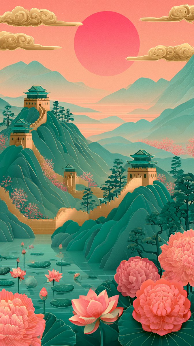 中国长城的插画,金色调蜿蜒穿过翠绿的山峦,配以传统宝塔式烽火台。前景:宁静的荷花池,盛开着粉色莲花和睡莲叶,以及大型装饰性的粉红色和珊瑚色花朵…, 图片 2