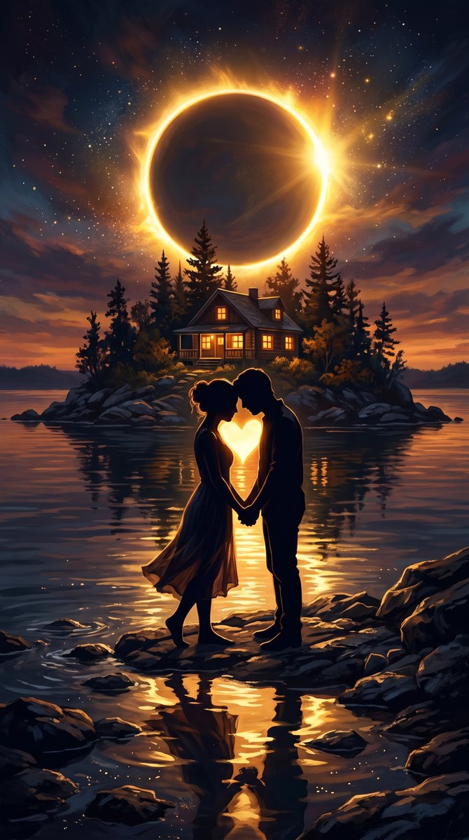 一幅浪漫的数字艺术场景,画面中一对剪影情侣在黄昏时分的岩石海岸上亲密相依站立,他们的身体之间形成一个心形空间,散发着明亮温暖的光芒。背景中,一…, 图片 1
