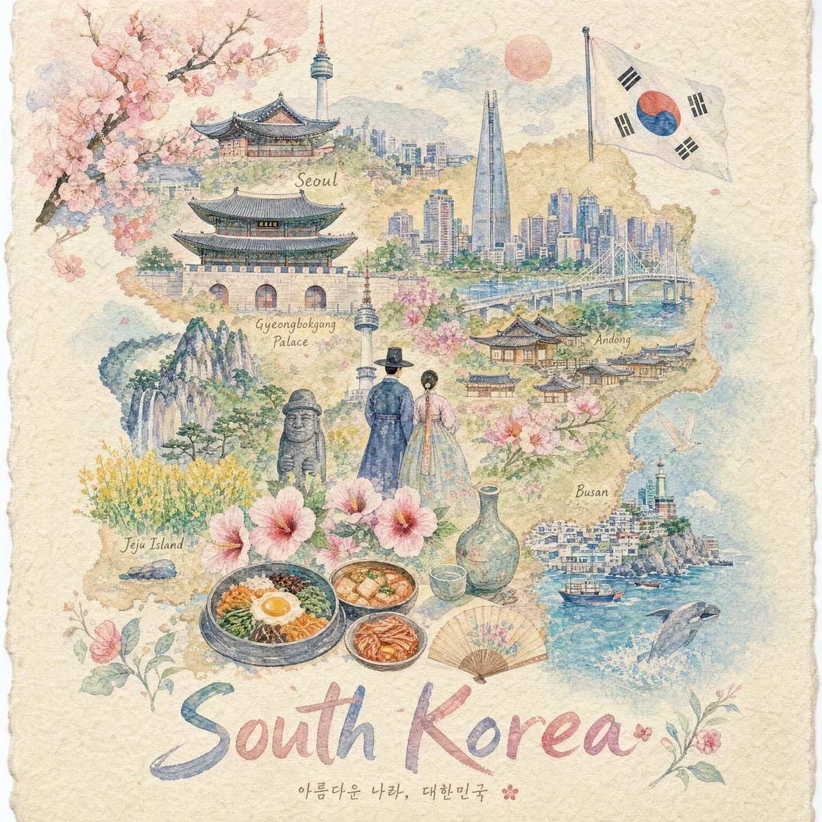 创作一幅美观的竖版 4:5 粉彩纸张画，将 [COUNTRY] 描绘成一座完整的手绘微缩世界，绘制在带有纹理的 handmade paper …, 图片 2