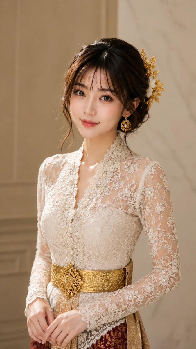 一张高度细致、超写实的半身肖像照，画面中是一位美丽的年轻东亚女性，她面带柔和优雅的微笑，目光直视镜头。她身穿一件精致的奶白色蕾丝长袖衬衫，V领…, 图片 1