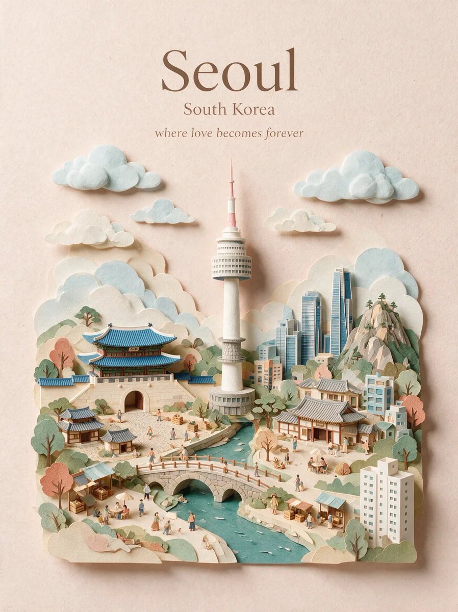 创建一张高端竖版 4:5 旅行海报，主题为 [CITY]、[COUNTRY]，整体设计为手工制作的分层 3D 剪纸微缩世界。, 图片 1