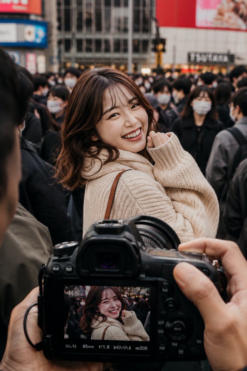 超写实电影感街头摄影，东京密集繁忙人群中，一位开朗的年轻日本女性在人群中央灿烂大笑。她是画面中清晰锐利的主角，表情自然愉悦，棕色波浪卷发略带凌…, 图片 1