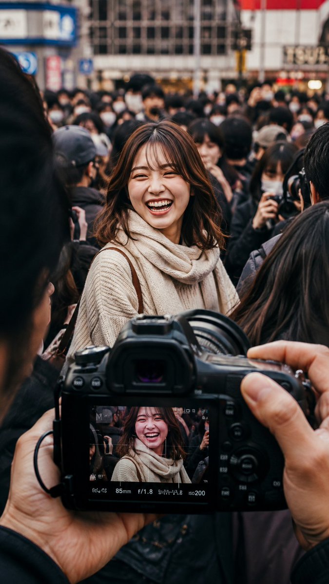 超写实电影感街头摄影，东京密集繁忙人群中，一位开朗的年轻日本女性在人群中央灿烂大笑。她是画面中清晰锐利的主角，表情自然愉悦，棕色波浪卷发略带凌…, 图片 2