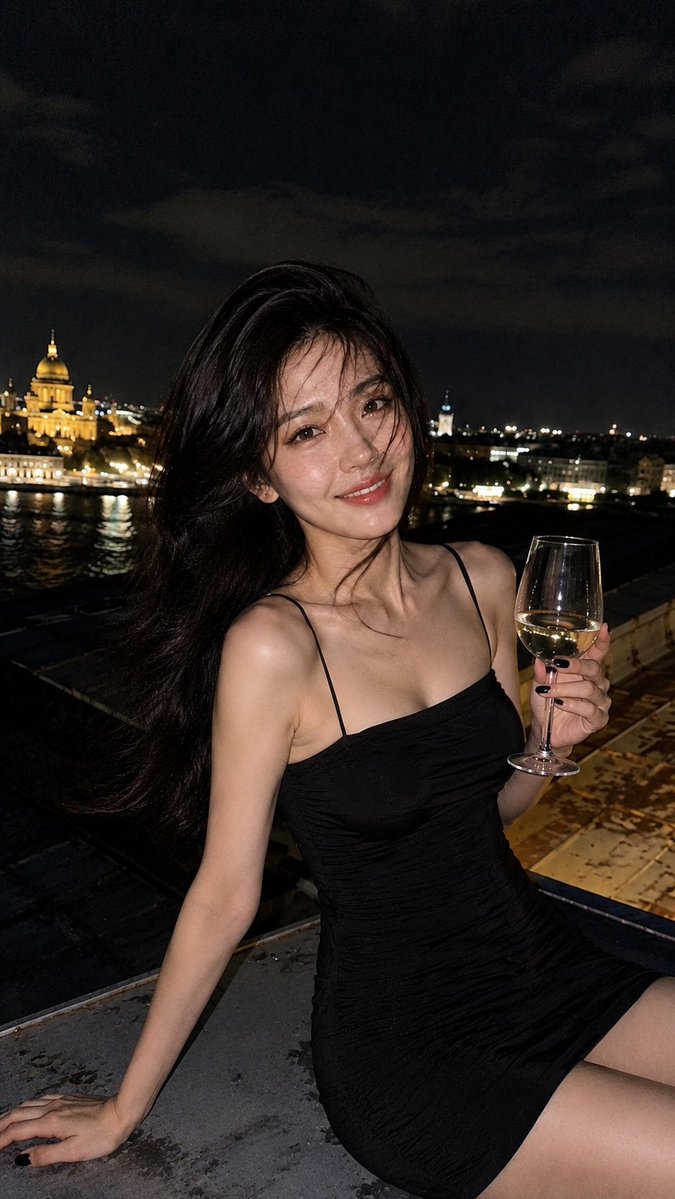 使用参考图像。圣彼得堡屋顶上的半身夜景肖像,一位女性手持一杯白葡萄酒。她身穿修身的黑色吊带连衣裙,露出肩膀,指甲剪短涂成黑色。蓬松有光泽的长发…, 图片 1