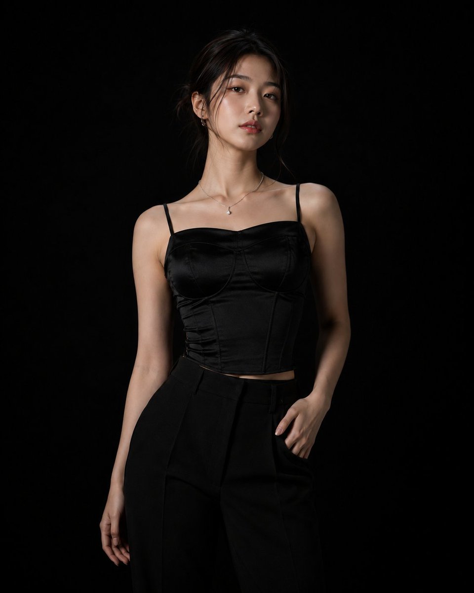 超写实高端时尚摄影棚拍摄:一位美丽的年轻韩国女性,年约二十出头,自信地站在完全无缝的哑光纯黑背景前。光线极其克制且经过精心设计,仅使用一盏柔和…, 图片 1