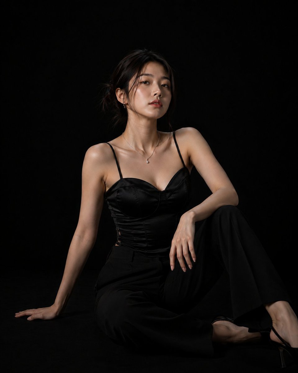 超写实高端时尚摄影棚拍摄:一位美丽的年轻韩国女性,年约二十出头,自信地站在完全无缝的哑光纯黑背景前。光线极其克制且经过精心设计,仅使用一盏柔和…, 图片 2
