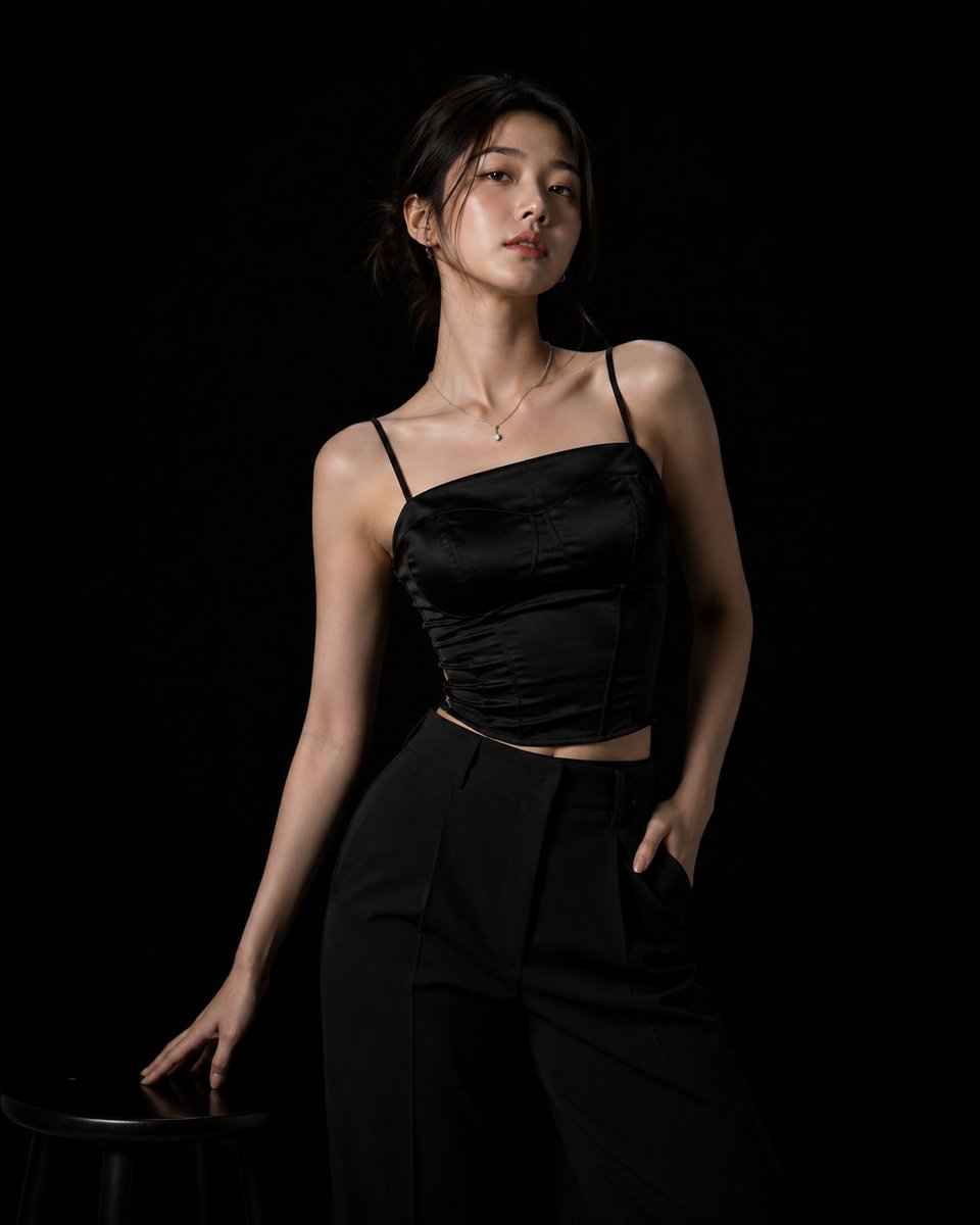 超写实高端时尚摄影棚拍摄:一位美丽的年轻韩国女性,年约二十出头,自信地站在完全无缝的哑光纯黑背景前。光线极其克制且经过精心设计,仅使用一盏柔和…, 图片 3