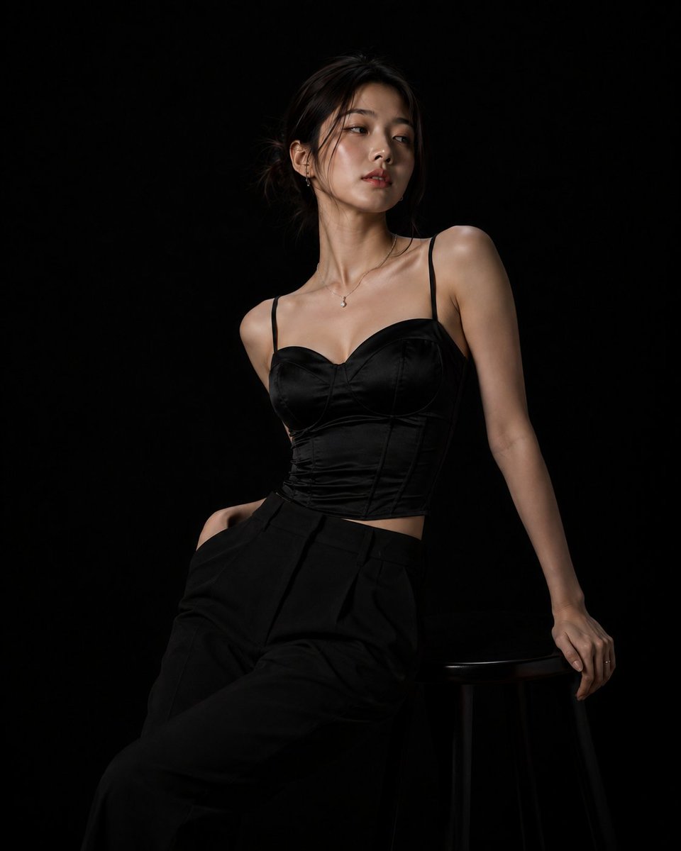 超写实高端时尚摄影棚拍摄:一位美丽的年轻韩国女性,年约二十出头,自信地站在完全无缝的哑光纯黑背景前。光线极其克制且经过精心设计,仅使用一盏柔和…, 图片 4