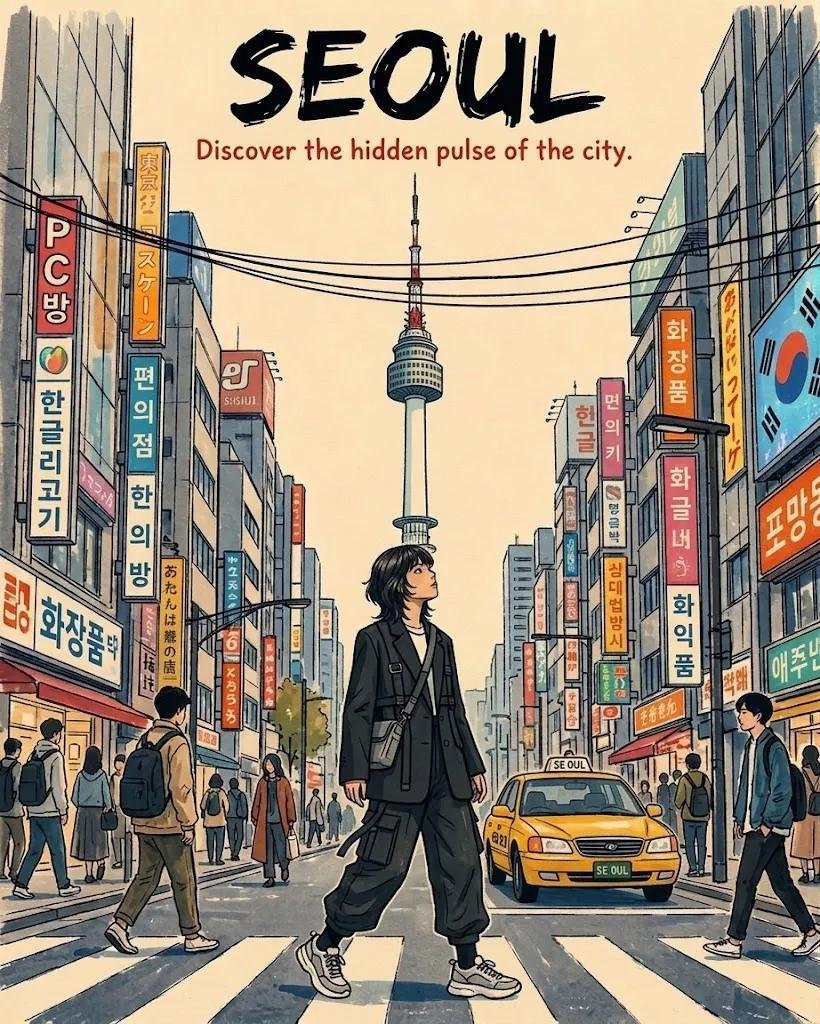 创作一幅充满活力的手绘编辑风格旅行海报,融合首尔与东京的视觉语言,采用怀旧复古的亚洲旅行插画风格。一位时尚的东亚年轻女性自信地走在画面中央前景…, 图片 1