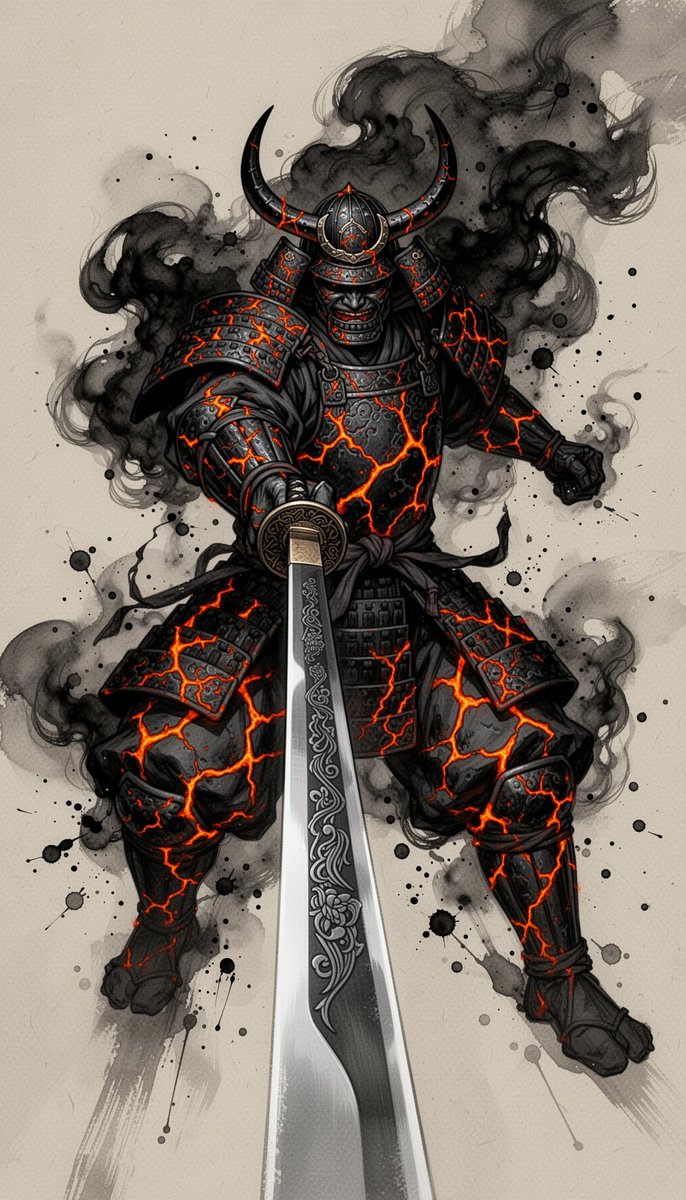 "一个高耸的恶魔武士战士直接向观者猛冲，身披深色华丽且布满熔岩裂纹的盔甲，脸部被一顶弯曲带角的战盔所遮蔽，双手紧握一柄刻纹武士刀，以夸张的强制…, 图片 1