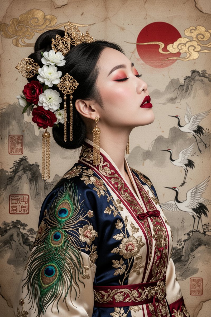 年轻亚洲女性的超精细肖像,身着华丽的传统灵感服饰,右侧面向的侧面视角,头部后仰,双眼轻闭,嘴唇微张,神态安详。无瑕的瓷器肌肤,柔和的红色眼影,…, 图片 1