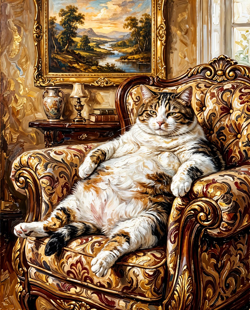 一只非常肥胖的猫正慵懒地躺在一把华丽的天鹅绒扶手椅上。这只猫以白色为主,头部、背部和尾巴上有棕色和黑色的虎斑斑纹。它的肚子异常肥大,向下垂着。…, 图片 1