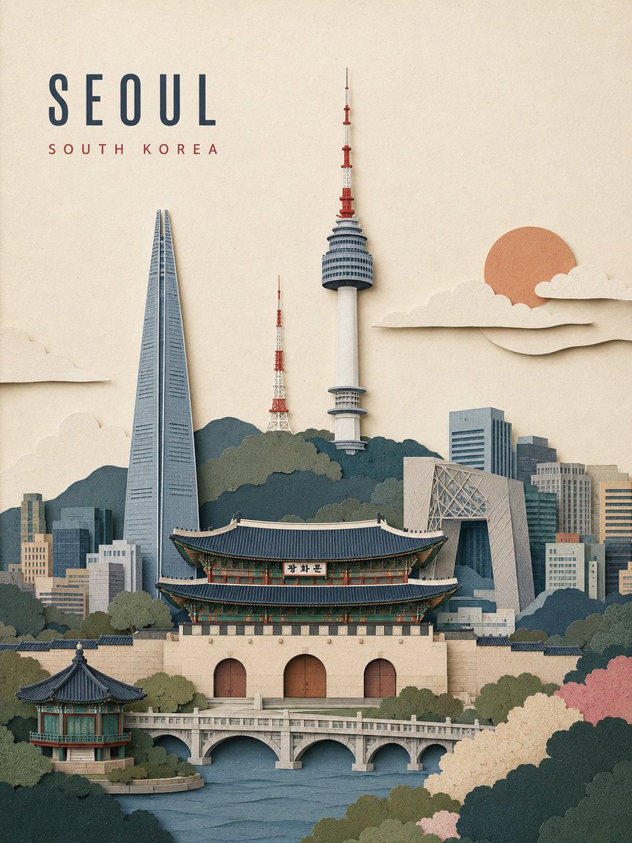 创建一张精致的竖版 3:4 旅行海报,以 {CITY} 为主题,采用手工分层剪纸地标拼贴风格。, 图片 2