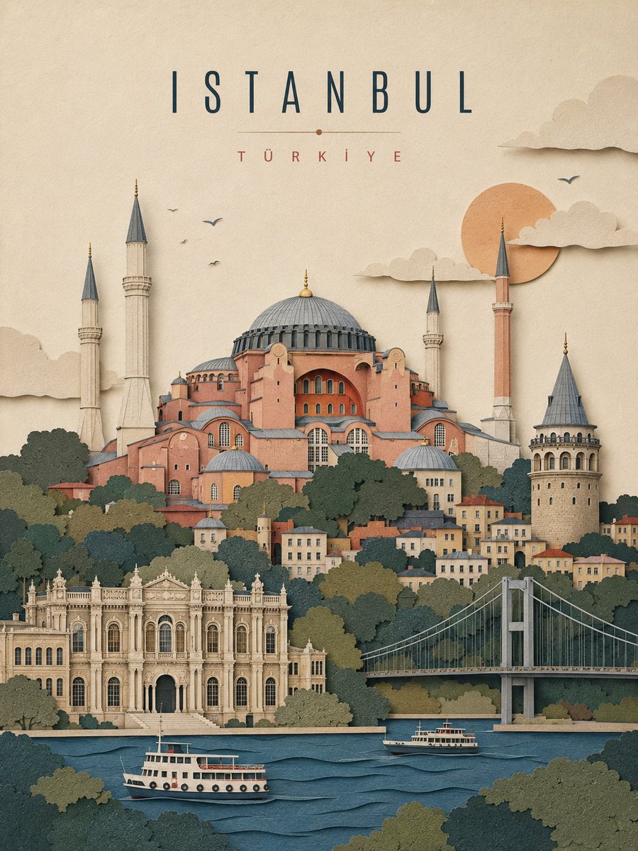创建一张精致的竖版 3:4 旅行海报,以 {CITY} 为主题,采用手工分层剪纸地标拼贴风格。, 图片 3