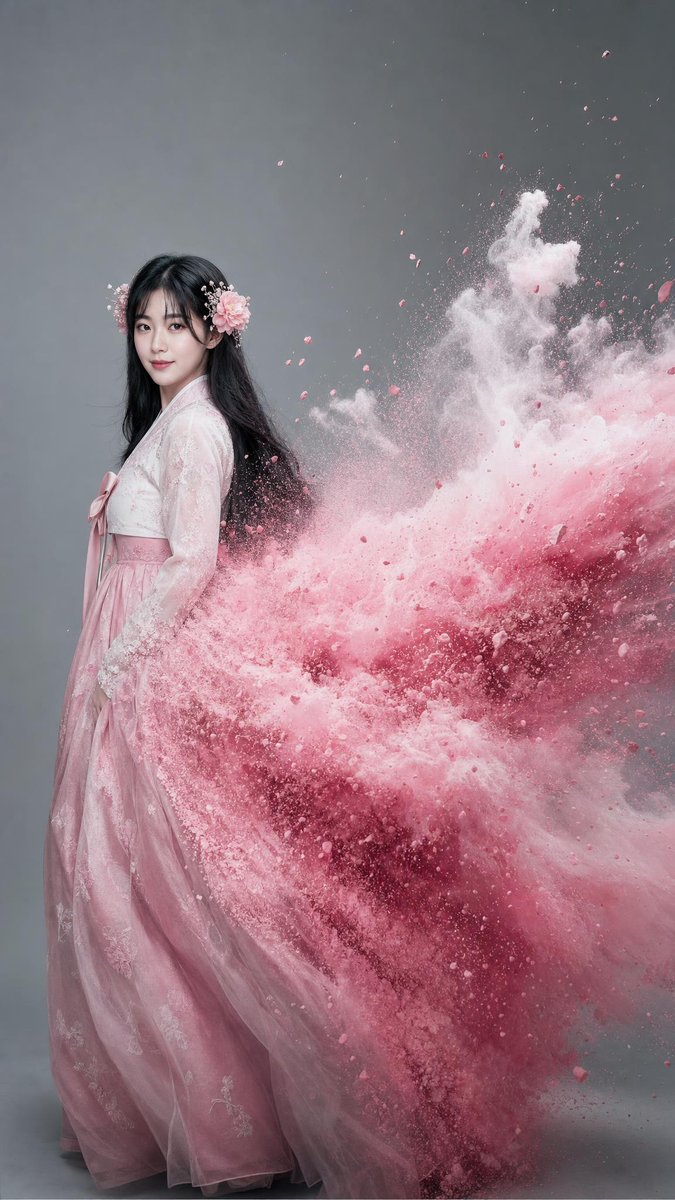 创作一幅超写实韩国高级时尚棚拍全身肖像:人物身穿优雅的粉彩粉色韩服,留着长发,两侧佩戴精致的花朵发饰。韩服在物理上变体为巨大而浓郁的粉彩粉色颜…, 图片 1