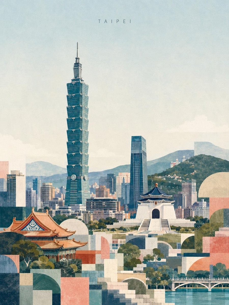 创作一幅精致的编辑风格台北旅行海报插画,灵感来自复古现代主义旅行艺术。以台北101作为主导地标,高耸于层层叠叠的城市天际线之上,前景为中正纪念…, 图片 4