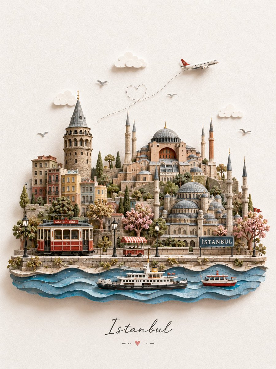 创作一幅迷人的 3D 微型纸艺旅行插画，主题为 [DESTINATION]，设计成一张精致的手工旅行明信片。仅使用目的地名称来标识地点，然后将…, 图片 3