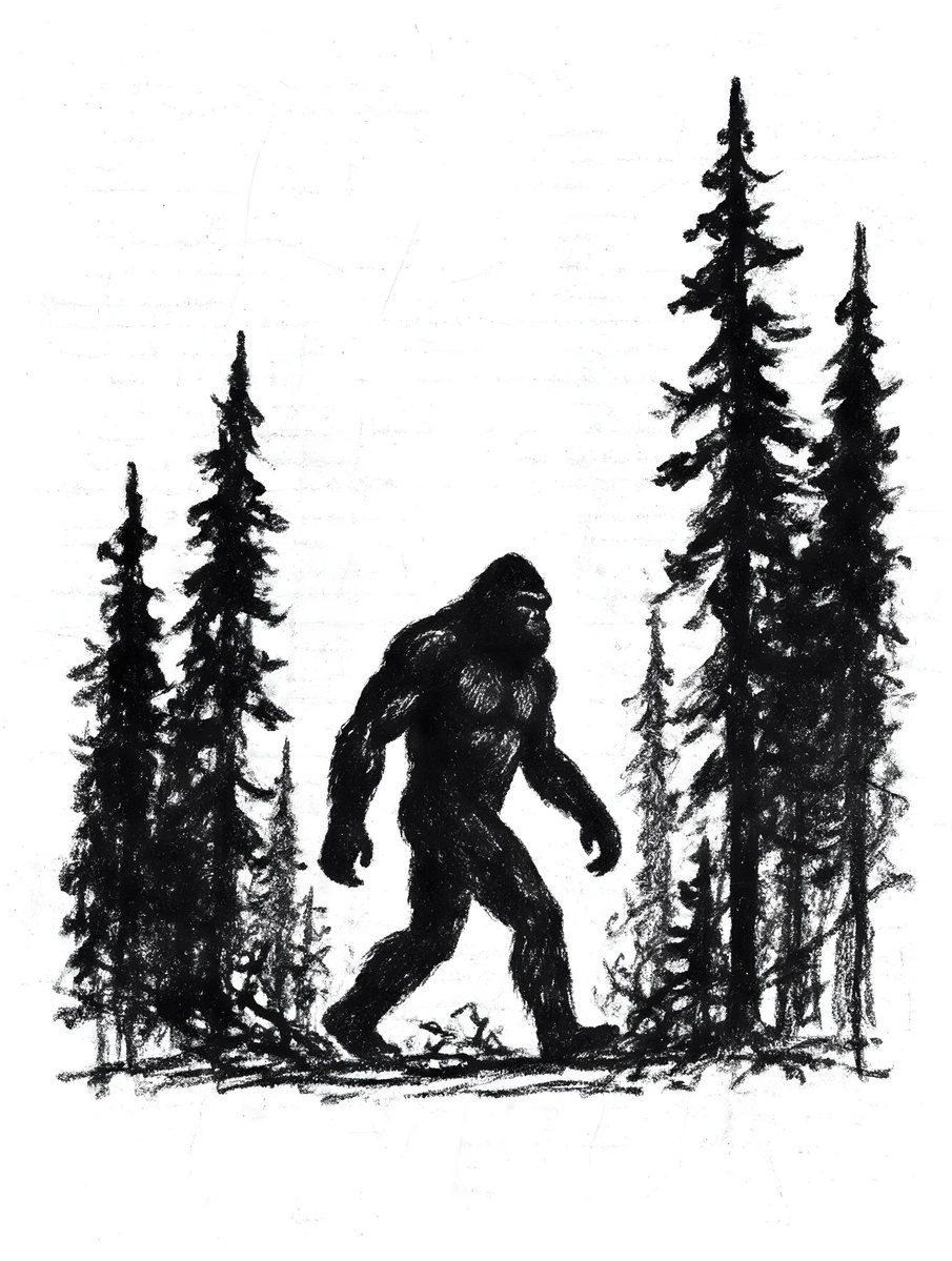 一幅黑白、带有颗粒感、类似素描的插画描绘了一只大脚怪在森林中行走的身影。大脚怪是画面中央的主体,以深色剪影呈现,可以看到明显的肌肉轮廓。在大脚…, 图片 1