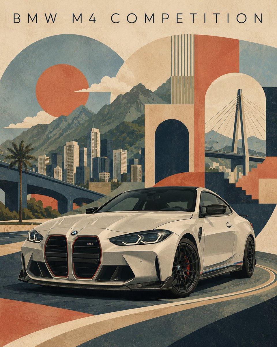 BMW M4 Competition —— 复古现代主义旅行海报, 图片 1