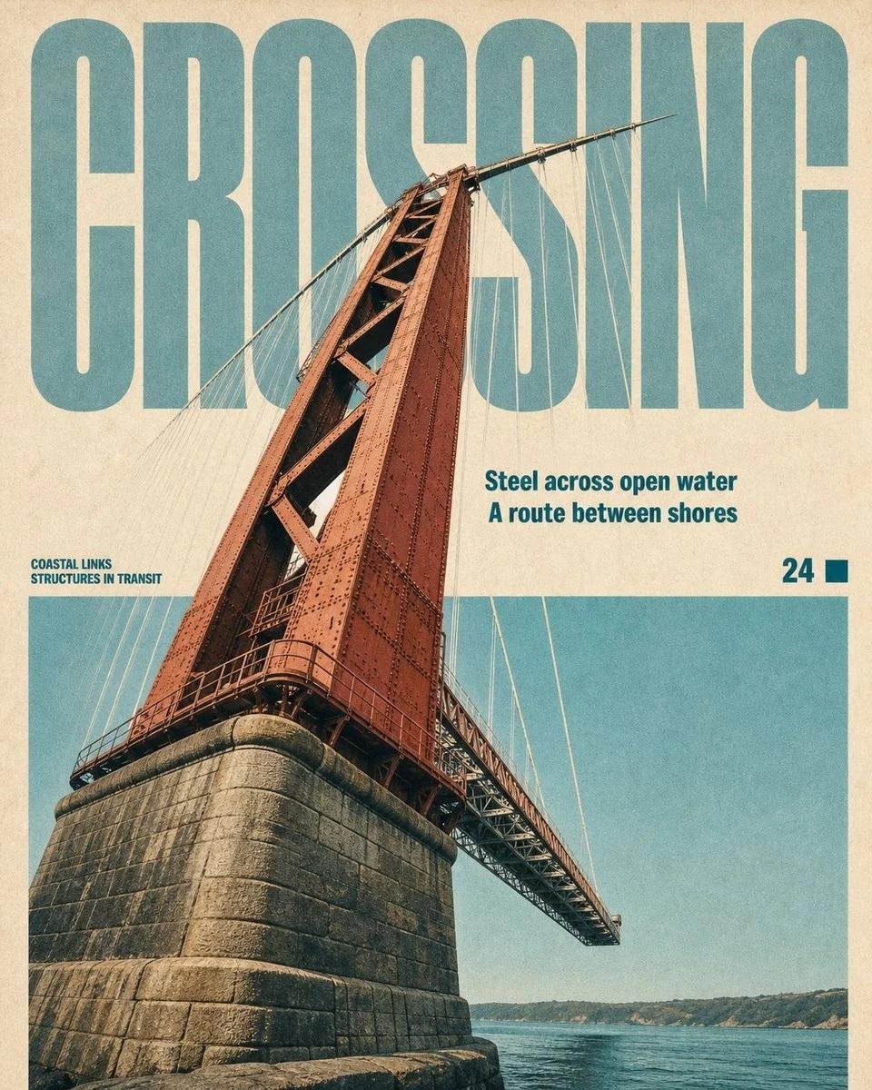创作一张复古编辑风格旅行杂志海报，灵感源自20世纪中叶的交通运输与工程出版物。以宏伟的 [SUBJECT] 作为主要摄影对象，采用富有戏剧性的…, 图片 3