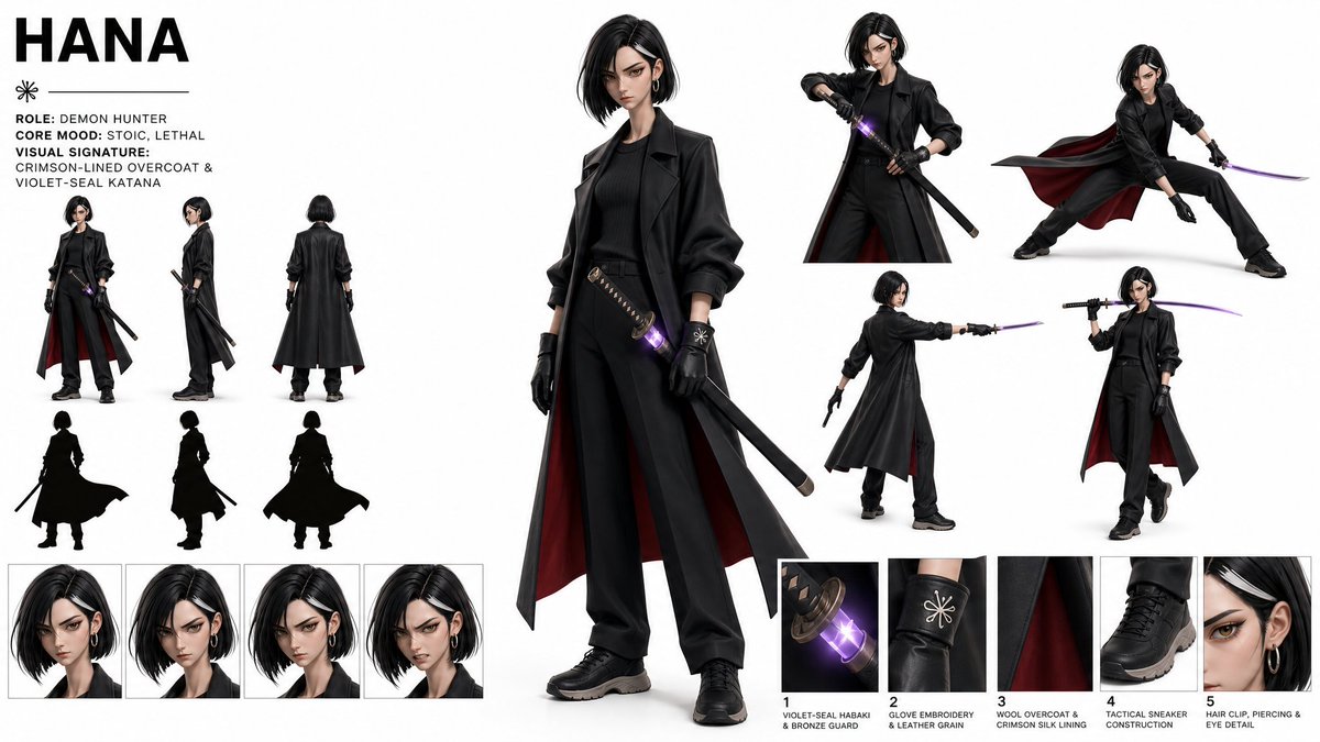 创建一个高级、现代、时尚的"角色概念设定图(CHARACTER CONCEPT ART SHEET)",采用 16:9 宽屏布局,背景为纯白色…, 图片 1
