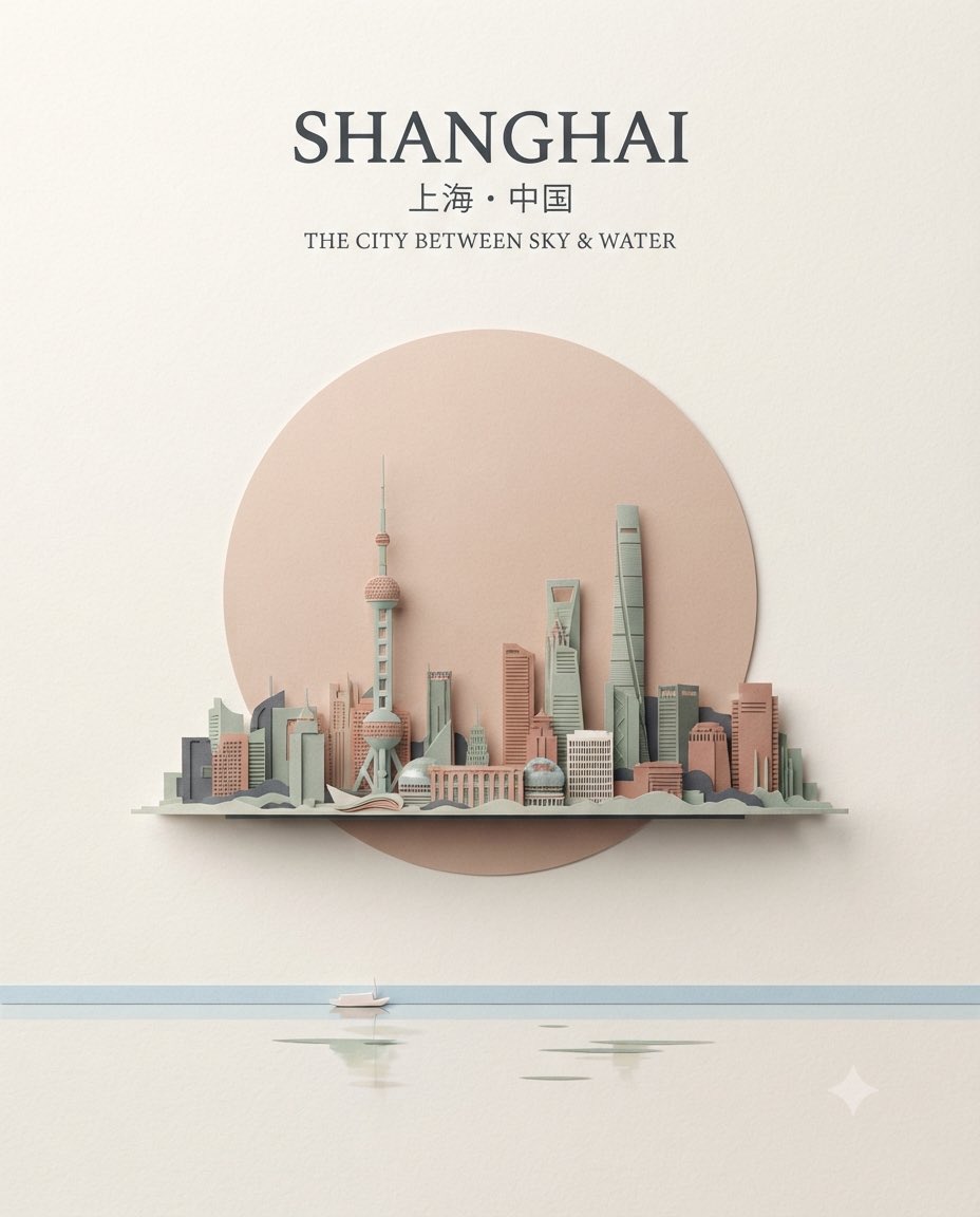 创作一张高端竖版 4:5 极简主义旅行海报，主角为 [CITY]（城市），[COUNTRY]（国家），灵感源自现代纸张雕塑，采用原创、优雅的构…, 图片 1
