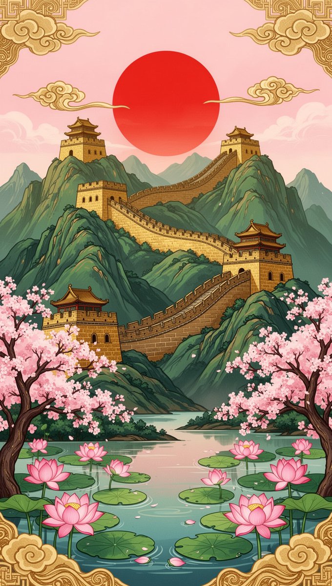 插画:金色的长城蜿蜒穿过翠绿的山峦,配以传统宝塔式烽火台,前景是粉色的樱花树,宁静的莲花池中盛开着粉色莲花和浮萍,粉彩色天空中的巨大红日,华丽…, 图片 1