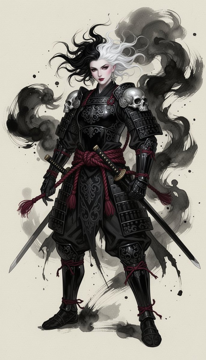 9:16 竖版全身奇幻角色插画,暗黑武士哥特美学,高级时装战士设计,绘画感概念艺术,富有表现力的水墨笔触能量。一位引人注目的奇幻战士,狂野的黑…, 图片 1