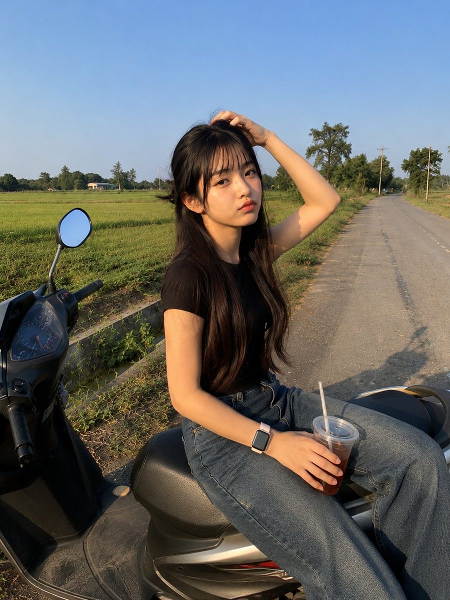 一张高度真实的休闲智能手机照片:一位年轻的东亚女性侧身坐在一辆停在宁静乡间小路边的现代踏板摩托车上。她有着非常长的深棕色直发,自然中分,披在肩…, 图片 1