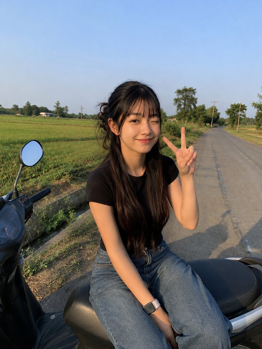 一张高度真实的休闲智能手机照片:一位年轻的东亚女性侧身坐在一辆停在宁静乡间小路边的现代踏板摩托车上。她有着非常长的深棕色直发,自然中分,披在肩…, 图片 2
