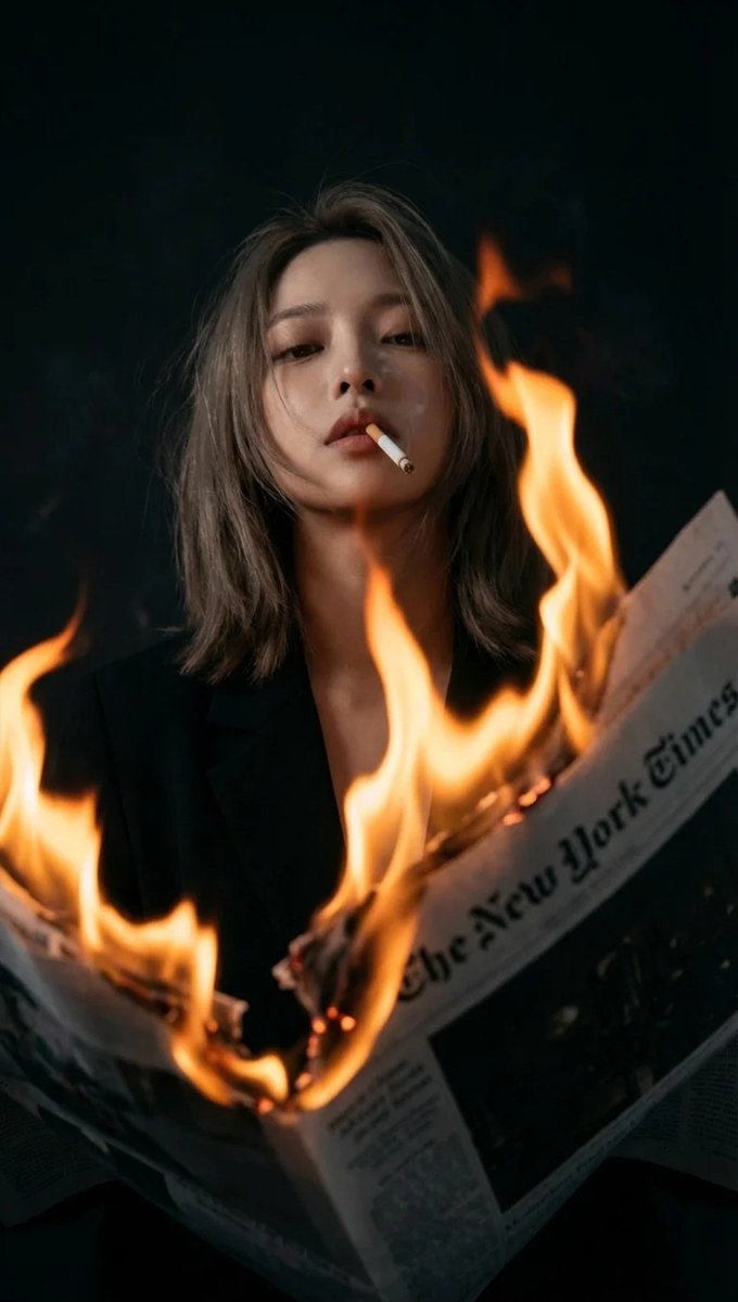 一位年轻女性,略显凌乱的齐肩发,口中叼着香烟,从下方透过火焰拍摄。齐肩发带有自然轻微波浪,稍显凌乱但不狂野——毫不费力的凌乱感,富有生活气息的…, 图片 1