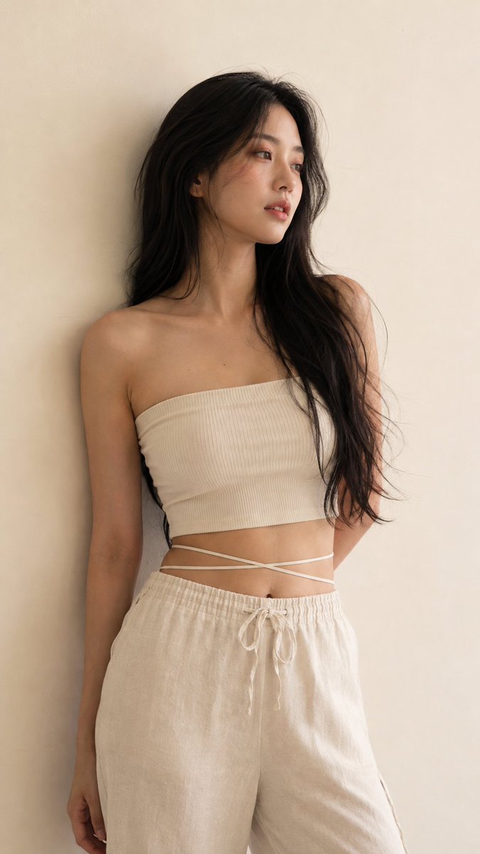 超写实编辑级人像摄影:一位优雅的成年女性,长而丰盈的浓缩咖啡黑色头发,自然的韩系灵感妆容,逼真的皮肤质感,神情平静而梦幻,目光望向右侧。她穿着…, 图片 1