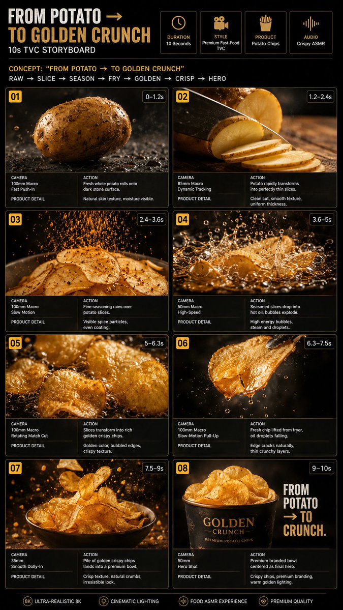 制作一条10秒竖屏9:16高端快餐TVC广告，超写实8K画质，电影级食物摄影，不出现人物，必要时仅显示手部。同一颗土豆贯穿整个变身过程。, 图片 1