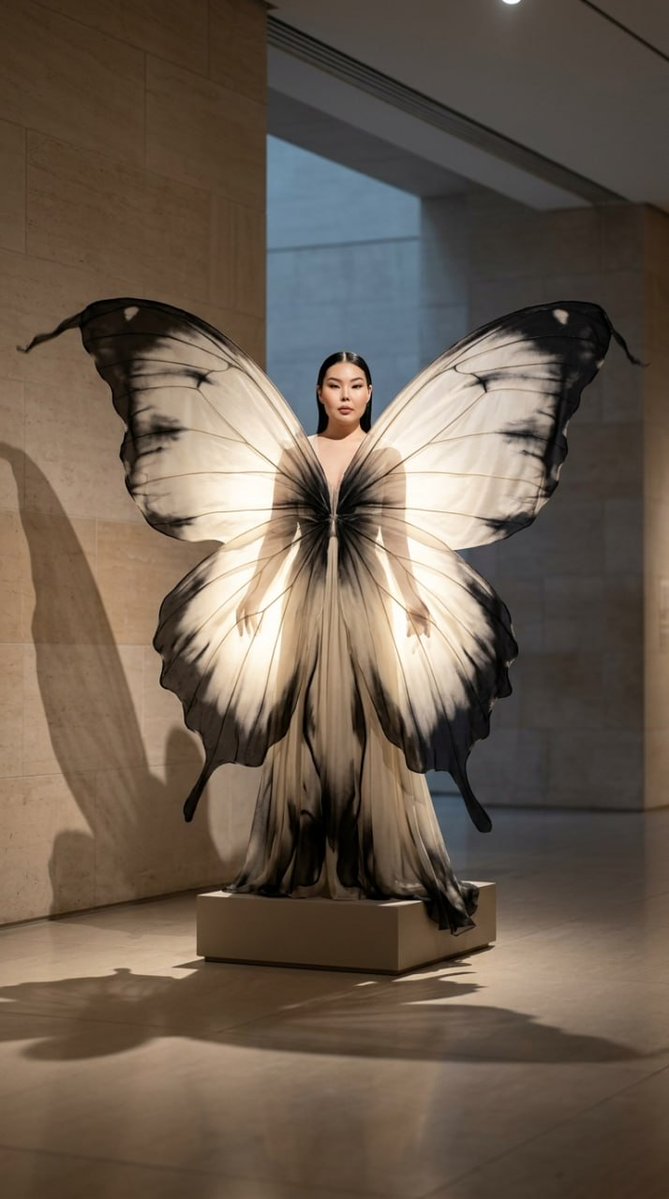 “Ethereal Nocturne — The Winged Couture Muse” Use the attached image as an exac…