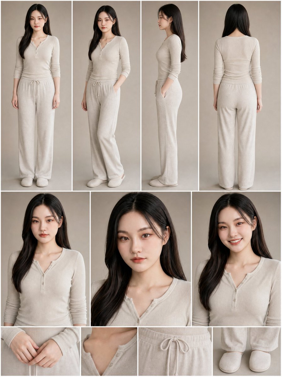 使用上传的女性作为严格身份参考,创建一张超写实高端女性角色参考表。, 图片 1