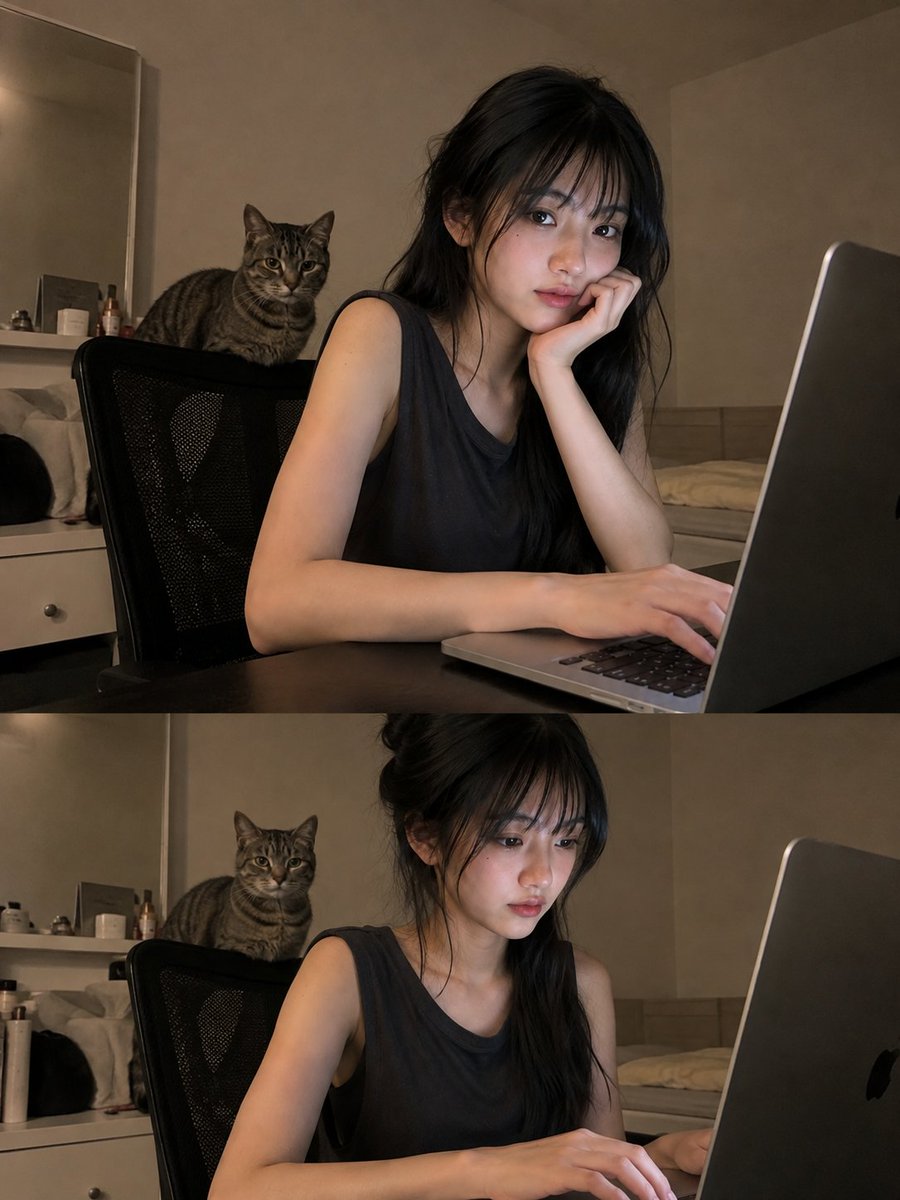 一张高度真实的照片,内容是一位年轻的东亚女性坐在书桌前,在安静的家庭环境中使用笔记本电脑工作。她有一头黑色长发,顺直、自然蓬松,带有蓬松柔和的…, 图片 1