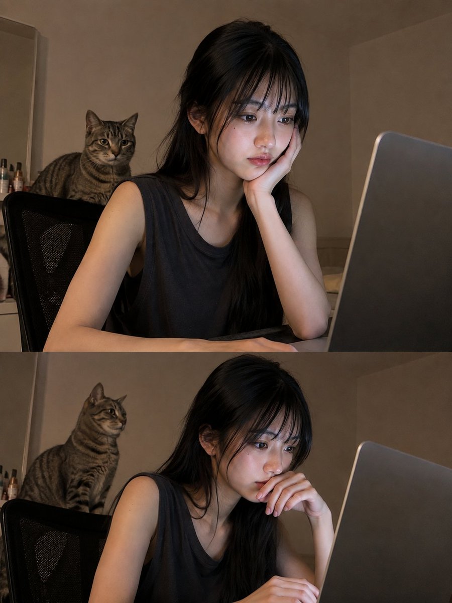 一张高度真实的照片,内容是一位年轻的东亚女性坐在书桌前,在安静的家庭环境中使用笔记本电脑工作。她有一头黑色长发,顺直、自然蓬松,带有蓬松柔和的…, 图片 2