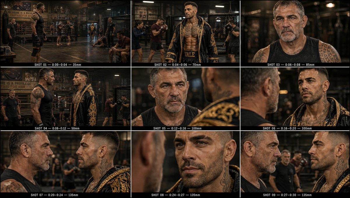 Create a single cinematic 3×3 storyboard sheet containing 9 sequential shots ac…