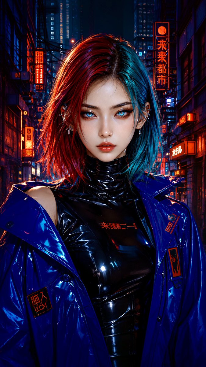 一幅风格化的赛博朋克时尚肖像,画中是一位引人注目的年轻女性,她有着光滑的齐肩酒红-青蓝色头发、明亮的冰蓝色眼睛、锋利的眼线、光泽的珊瑚色嘴唇,…, 图片 1