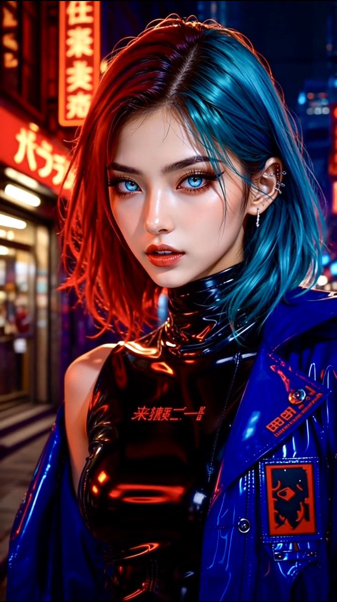一幅风格化的赛博朋克时尚肖像,画中是一位引人注目的年轻女性,她有着光滑的齐肩酒红-青蓝色头发、明亮的冰蓝色眼睛、锋利的眼线、光泽的珊瑚色嘴唇,…, 图片 2