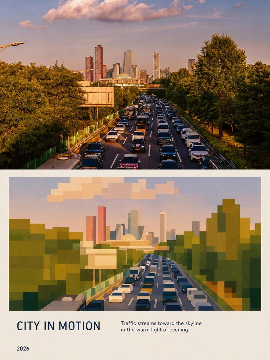 Recreate the uploaded reference image as a premium editorial city poster, prese…