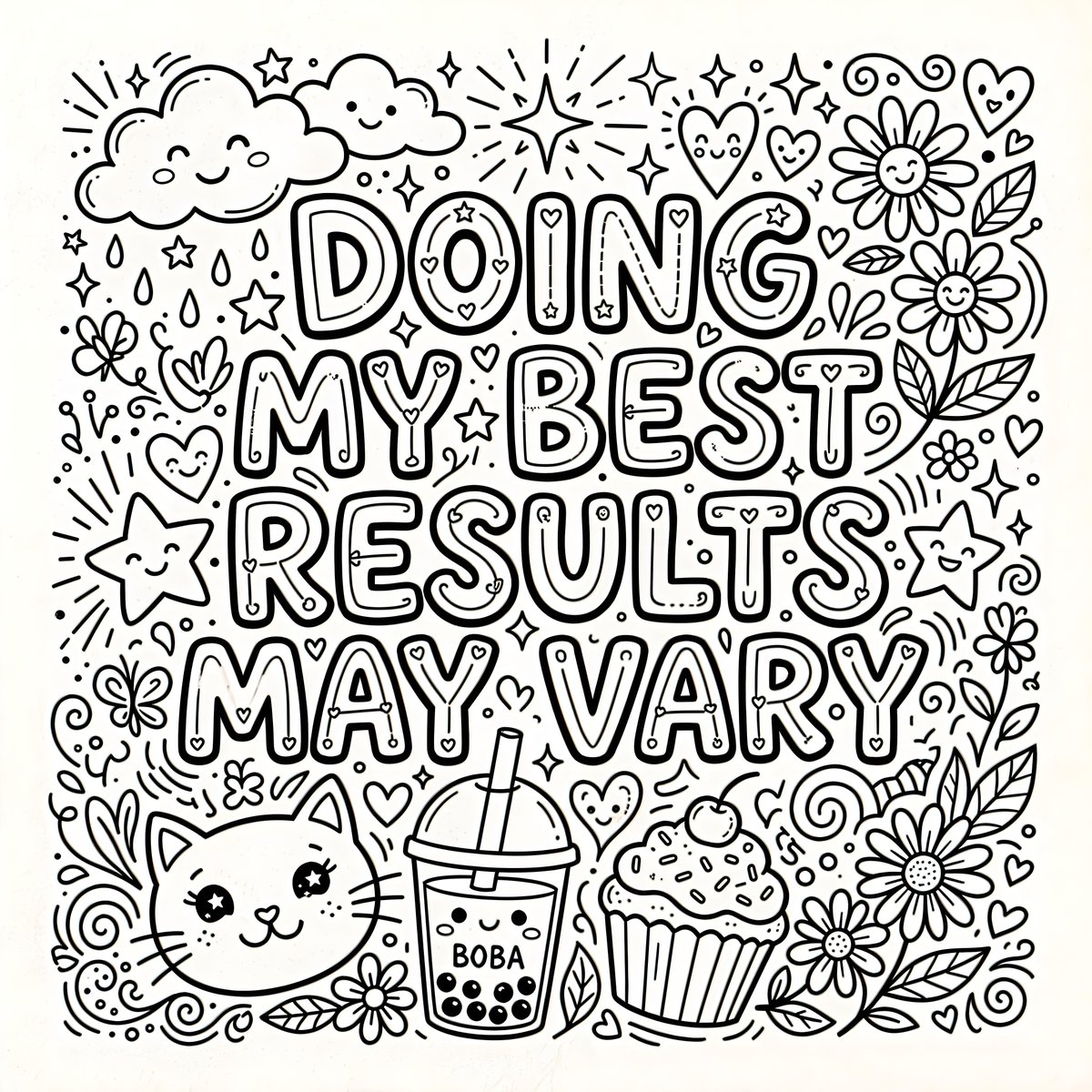 A black and white line drawing features the text "DOING MY BEST RESULTS MAY VAR…