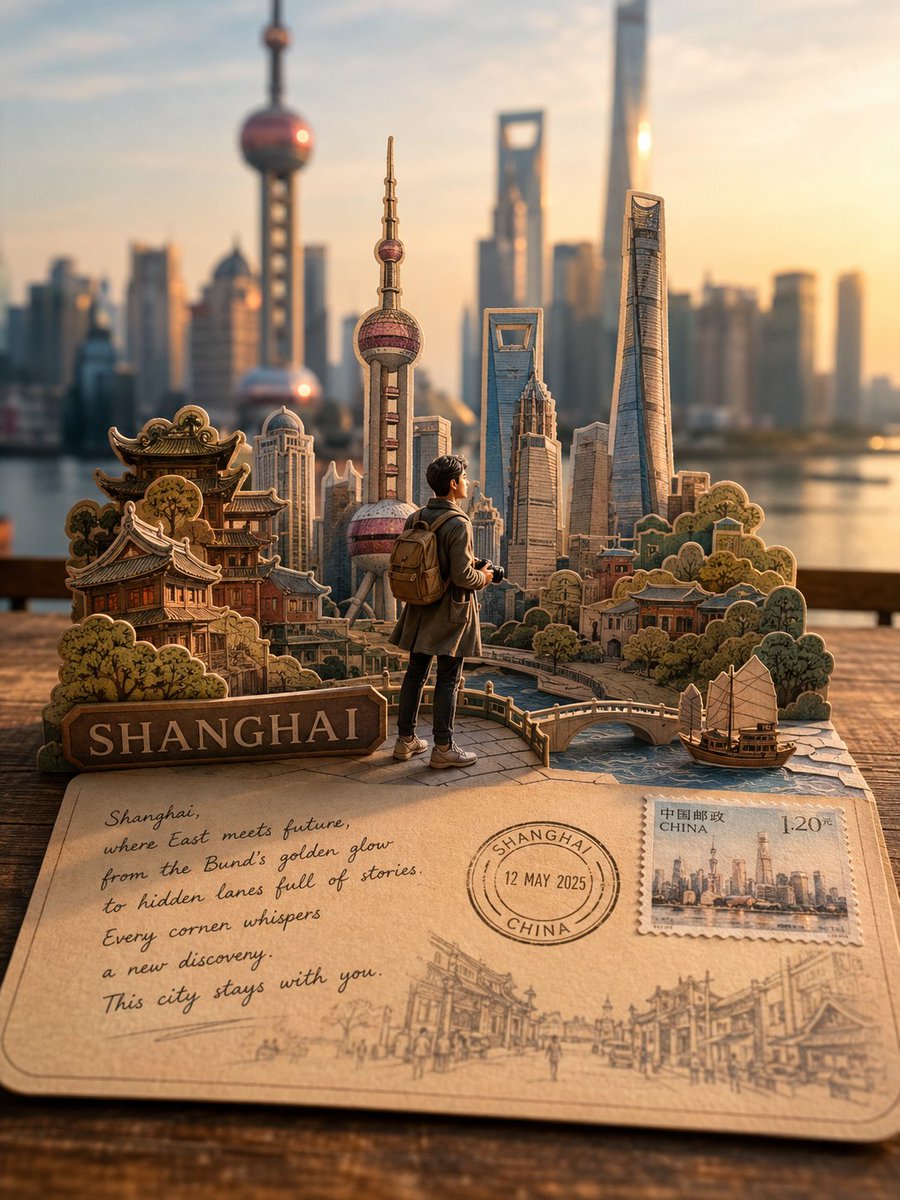 一张高度精细、照片写实风格的[DESTINATION]旅行明信片立体模型，为Instagram设计，从略微抬起的视角观看。一张真实的复古明信片…, 图片 1