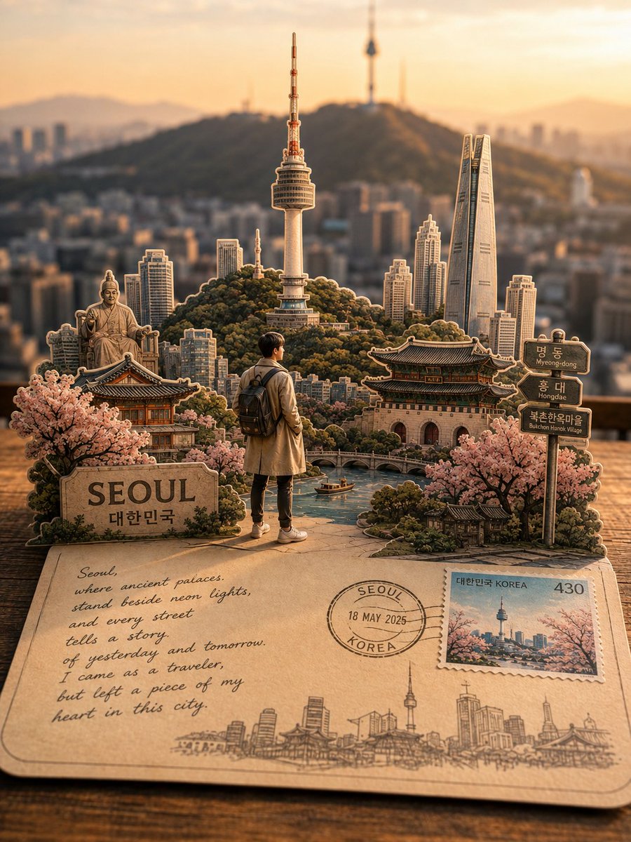 一张高度精细、照片写实风格的[DESTINATION]旅行明信片立体模型，为Instagram设计，从略微抬起的视角观看。一张真实的复古明信片…, 图片 2