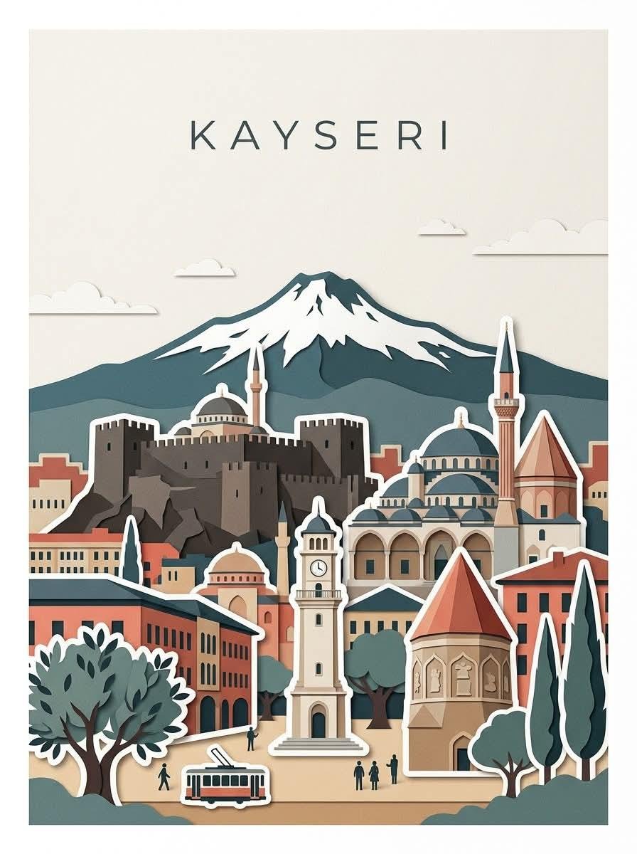 创作一幅极简编辑风格的旅行海报，主角为 [CITY, TURKEY]，灵感来自现代剪纸拼贴与手工旅行插画。使用温暖的奶油色/米白色纹理纸张背景…, 图片 3