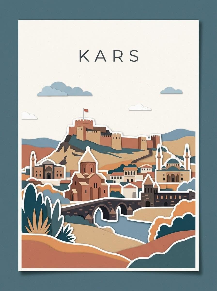 创作一幅极简编辑风格的旅行海报，主角为 [CITY, TURKEY]，灵感来自现代剪纸拼贴与手工旅行插画。使用温暖的奶油色/米白色纹理纸张背景…, 图片 4