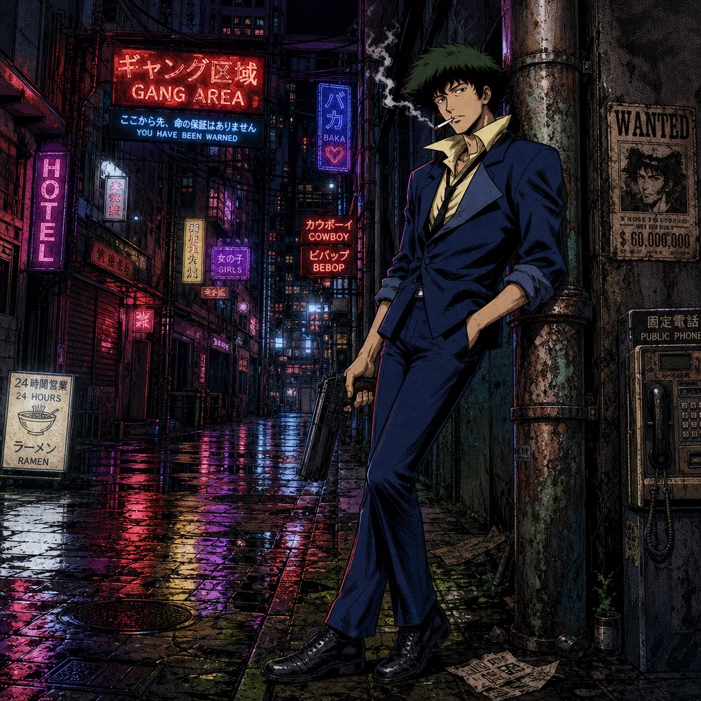 《星际牛仔》中的史派克·斯派格尔,夜晚站在一条肮脏潮湿的小巷中,倚靠着一根生锈的管道。角色有着凌乱的深绿色头发、削瘦的脸庞,带着无聊的表情,嘴…, 图片 1