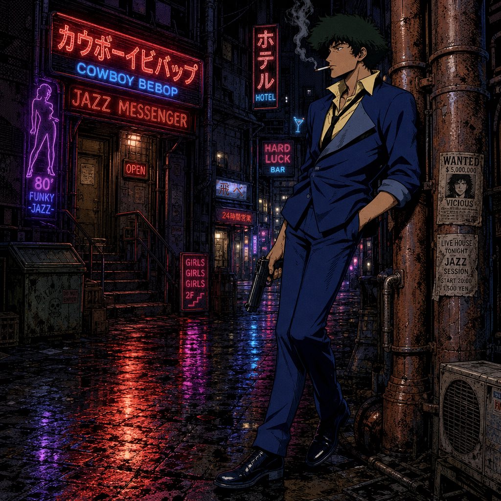 《星际牛仔》中的史派克·斯派格尔,夜晚站在一条肮脏潮湿的小巷中,倚靠着一根生锈的管道。角色有着凌乱的深绿色头发、削瘦的脸庞,带着无聊的表情,嘴…, 图片 2