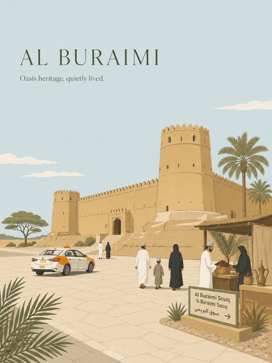 高级极简扁平矢量旅行海报,[alburimi oman],3:4 竖版。, 图片 1