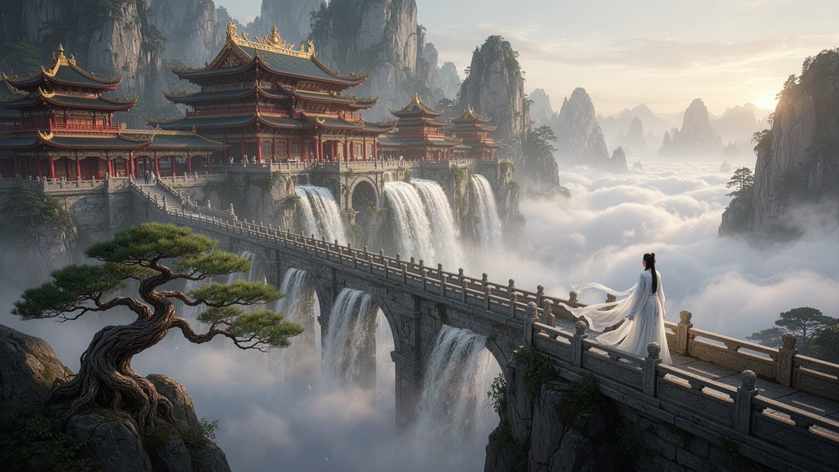 雄伟的天宫坐落在云雾缭绕的山崖之间，装饰华丽的红金相间的传统东亚寺庙建筑沿着一条长长的石桥延伸，巨型瀑布从桥上倾泻而下，汇入下方浩瀚的云海，一…, 图片 1